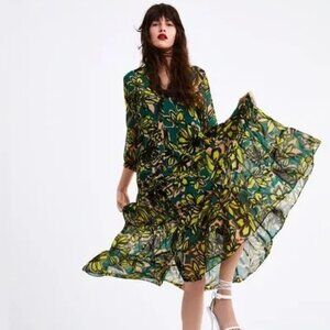 Zara Floral Midi Dress Boho – Green Yellow Print – Size Small